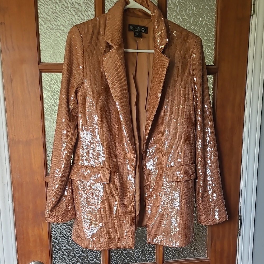 New Rachel Zoe Brown Sequin Coat Blazer Jacket Size S